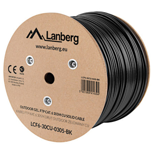 Kabel instalacyjny F/UTP kat.6 PE, żelowany, zewnętrzny, 305m (Lanberg LCF6-30CU-0305-BK)